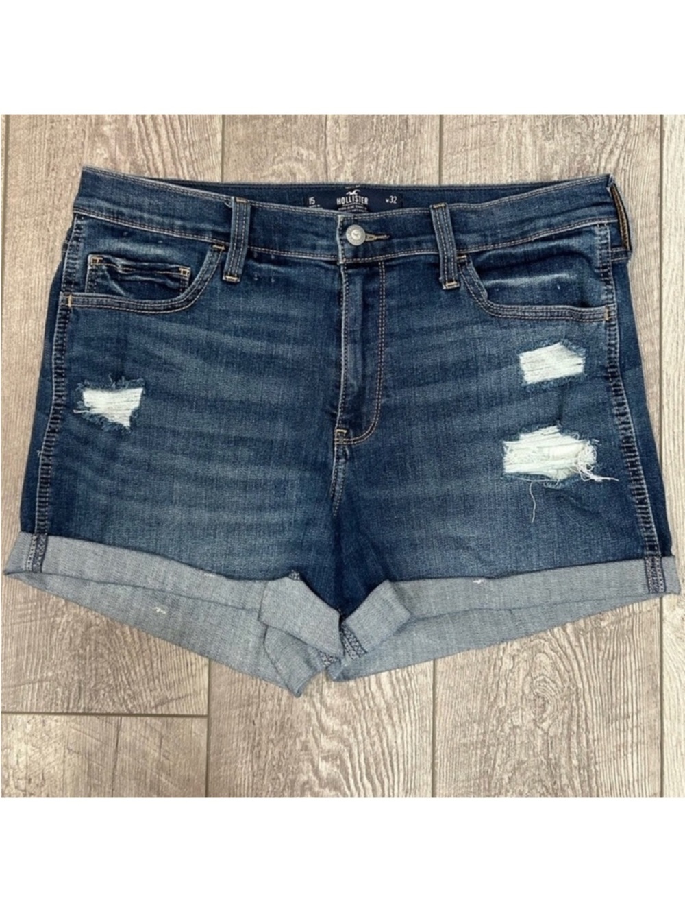 Hollister Dark Wash Distressed Roll-Cuff Denim Shorts